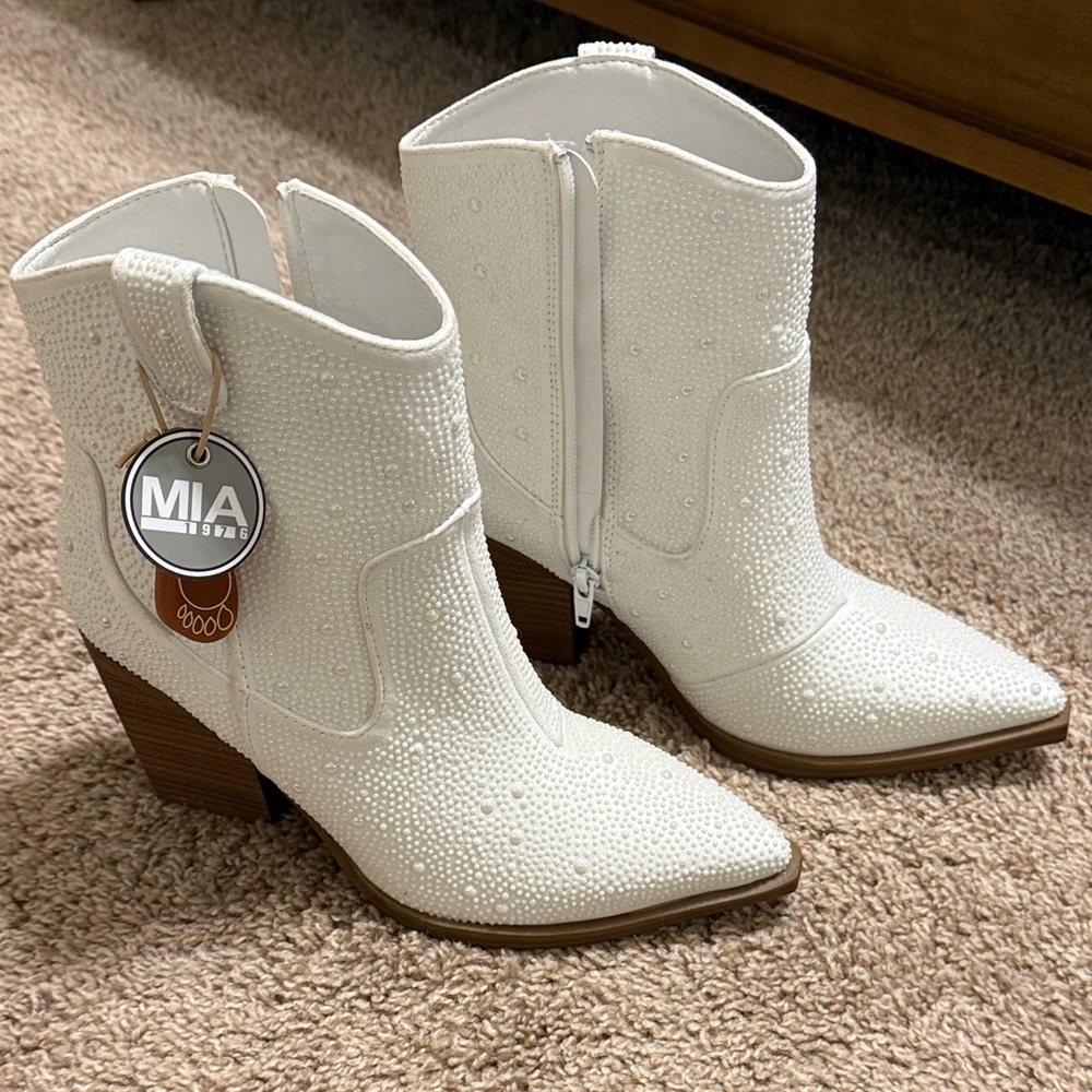 MIA White Embellished Western Ankle Boots